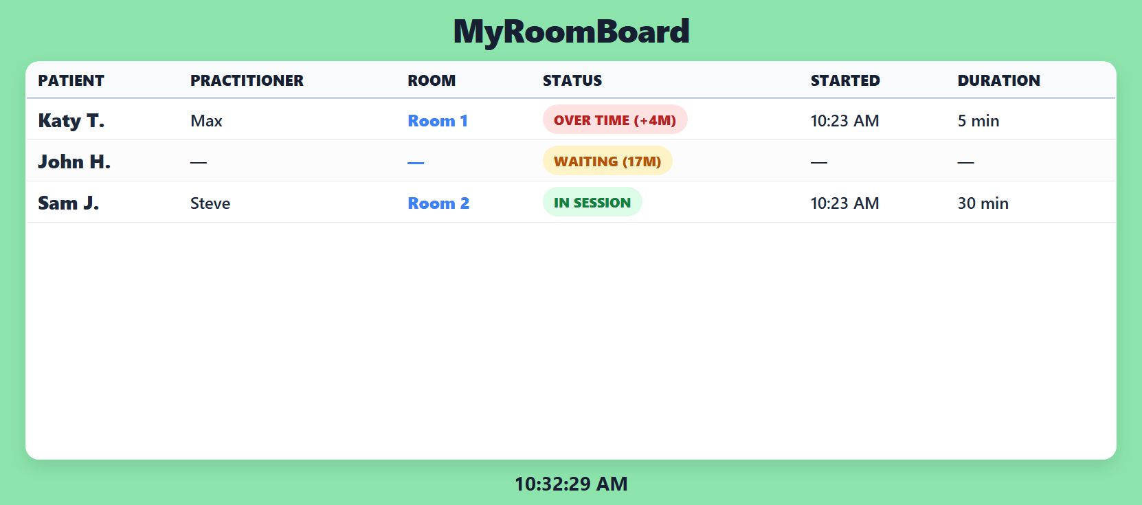 MyRoomBoard live clinic room status board
